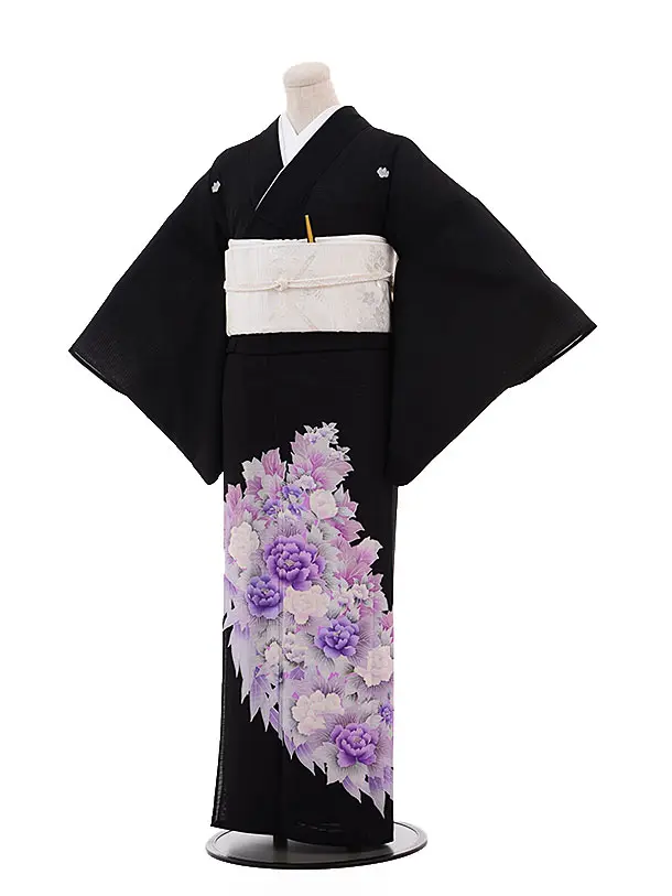 【夏着物　絽】化繊　洗える黒留袖　五つ紋　比翼付き　扇子に御所車花 夏着物 絽】化繊 洗える黒留袖 五つ紋 比翼付き 扇子に御所車花 夏着物