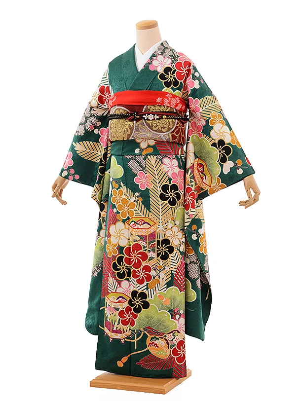 振袖レンタル1062緑地牡丹に梅七宝柄 | 着物レンタルの京都