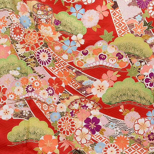 振袖レンタル671赤地花扇 | 着物レンタルの京都かしいしょう