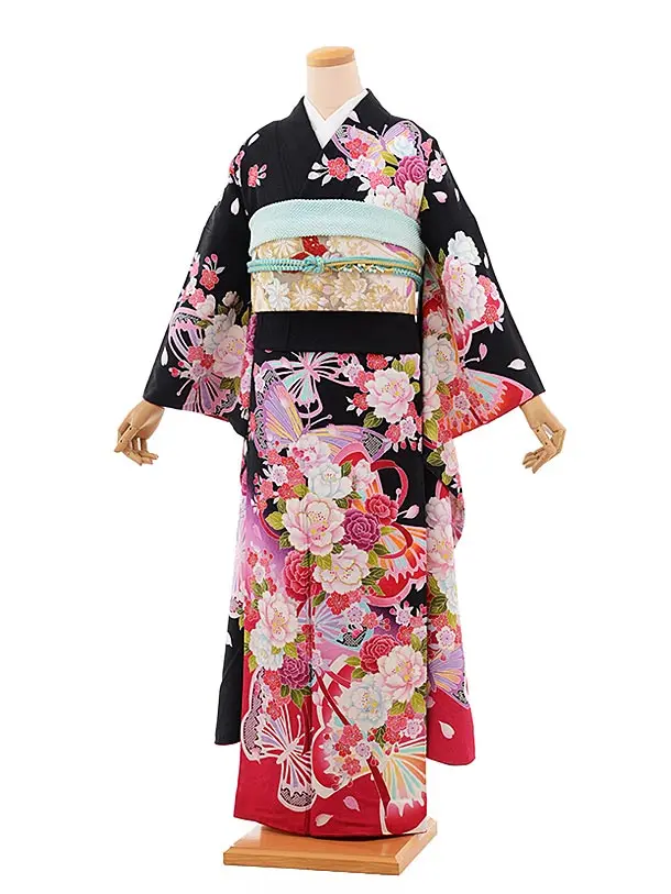 振袖 フルセット 黒総絞り バタフライ カラフル ラメ 新品小物 振袖 フルセット 黒総絞り バタフライ カラフル ラメ 新品小物