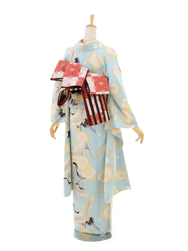 振袖レンタル866和風館水色梅と鶴 | 着物レンタルの京都かしいしょう