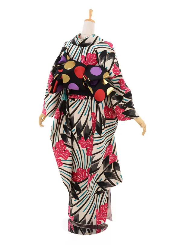 振袖レンタル868和風館白黒大花 | 着物レンタルの京都かしいしょう