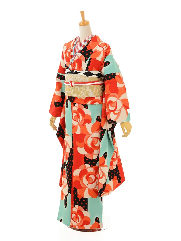 振袖レンタル891玉城ティナ×キスミス赤×水色バラ | 着物レンタル