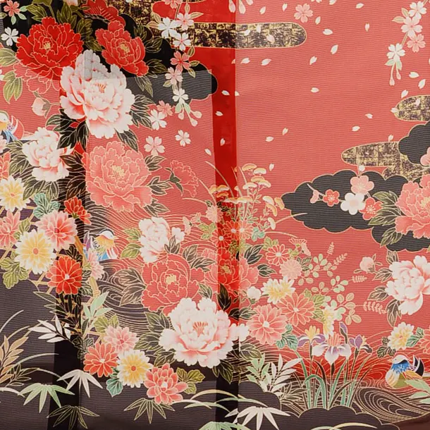 夏振袖 絽 901 赤×黒 雲取り花(化繊) | 着物レンタルの京都