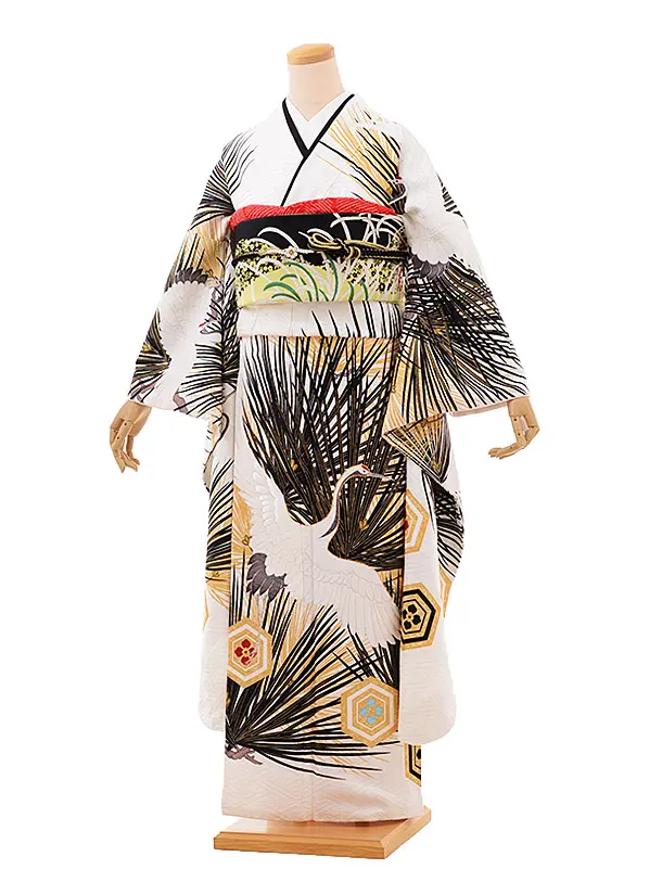 振袖 鶴デザイン 白地 黒縞 振袖 鶴デザイン 白地 黒縞 振袖 鶴デザイン 白地 黒縞