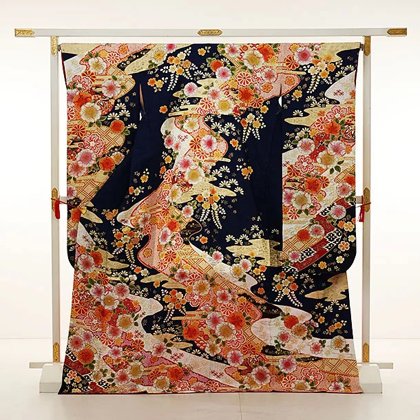 ★専用★美品 本振袖 金通し 紺 辻が花 絞り 身丈164cm フォーマル 振袖レンタル1129【高級振袖】紺地辻が花 桜 | 着物レンタルの