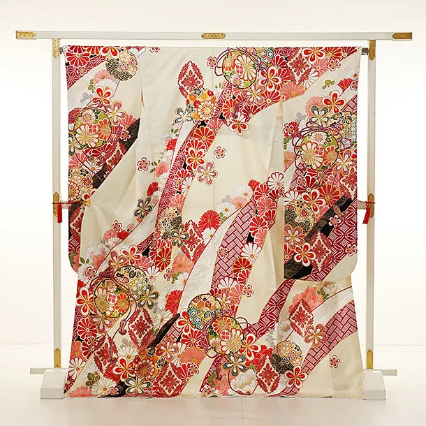 単衣　中振袖　　1146 振袖レンタル1146 白地 鏡に花 | 着物レンタルの京都かしいしょう