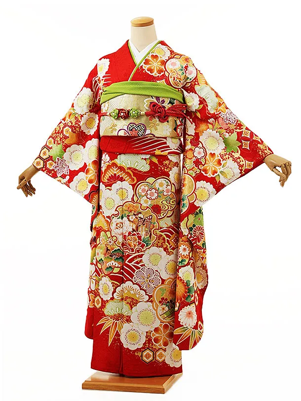 振袖レンタル554赤×黒 | 着物レンタルの京都かしいしょう