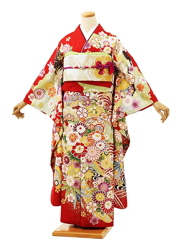 クリーム地の上品な小花の金彩振袖フルセット 成人式振袖レンタル・紅 赤系 金彩 更紗 花草 蝶 ZX107-C – 宅配