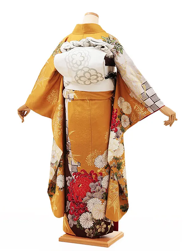 振袖レンタル1248 からし色 菊牡丹 | 着物レンタルの京都かしいしょう