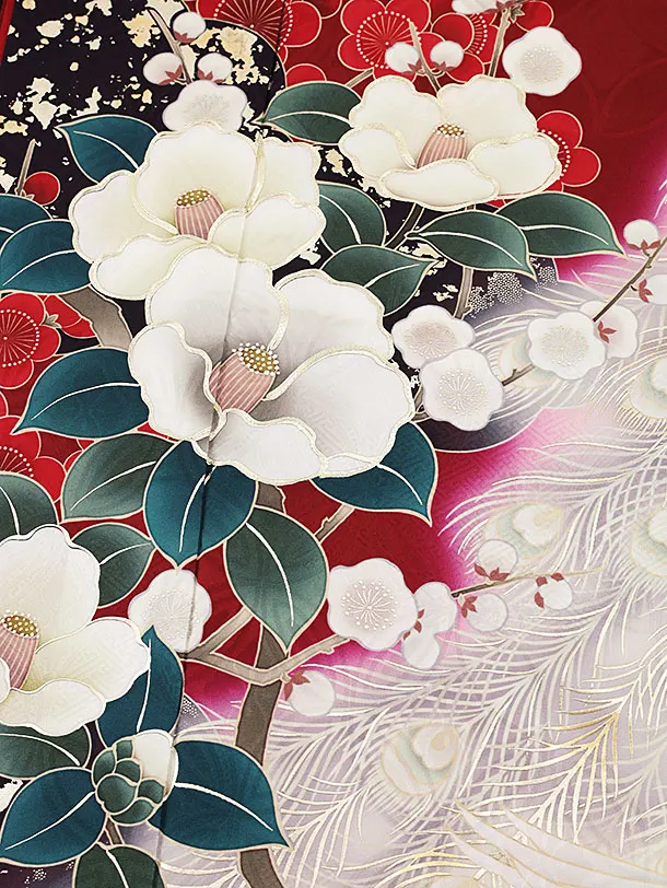 振袖レンタル1262 赤 孔雀に椿 | 着物レンタルの京都かしいしょう