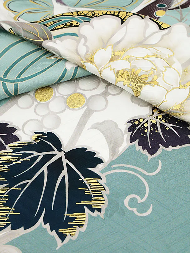 レースミントグリーン 振袖セット ヘップバーン グレー/白/金 薔薇柄 レース素材 高級 二重紗振袖