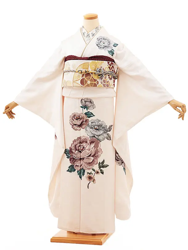 (あ891)アンティーク大振袖㊗️青にサーモンピンクの可愛い菊模様 宝箱④点セット 振袖レンタル843サーモンピンク×クリーム牡丹桜(大きいサイズ