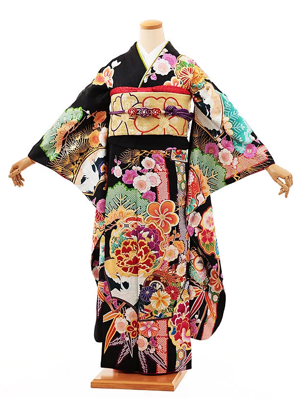 振袖 フルセット 黒総絞り バタフライ カラフル ラメ 新品小物 振袖 レンタル 黒 【Mサイズ 墨黒青ラメ揚羽蝶】 振袖 レンタル