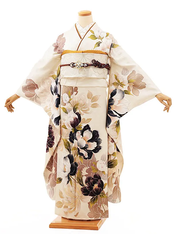 10mo振袖フルセット 紅型ちりめん ベージュホワイト×オレンジ×グリーン 振袖レンタル447白に紅型風 | 着物レンタルの京都かしいしょう