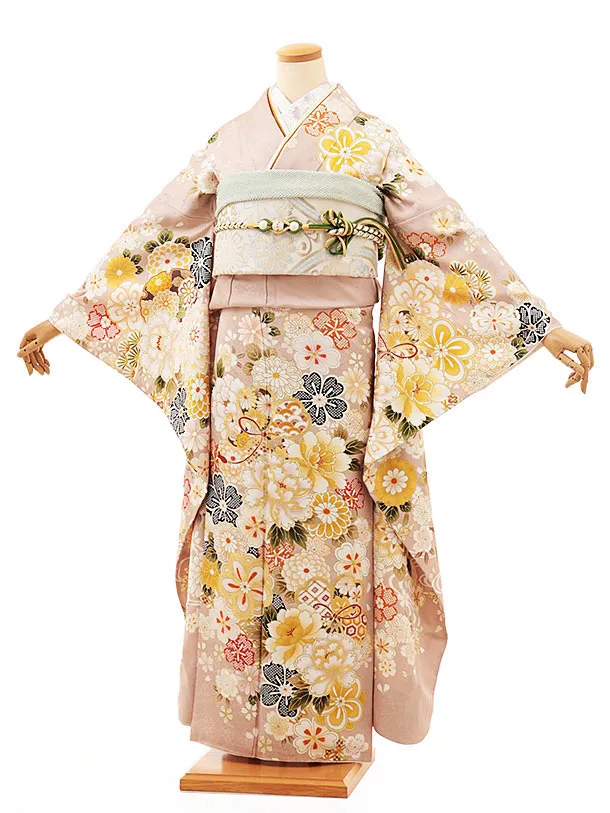 金彩　屋敷に草花模様振袖/裄68丈162 サーモンピンク　クリーム　c46 和とりえ 滋賀 安曇川の振袖 /ベージュ色/赤色/エレガント/花柄