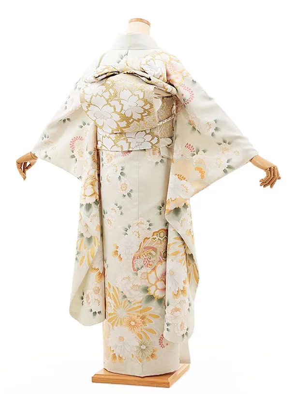 振袖レンタル1332 ヒワ色 八重桜に牡丹 | 着物レンタルの京都かしいしょう