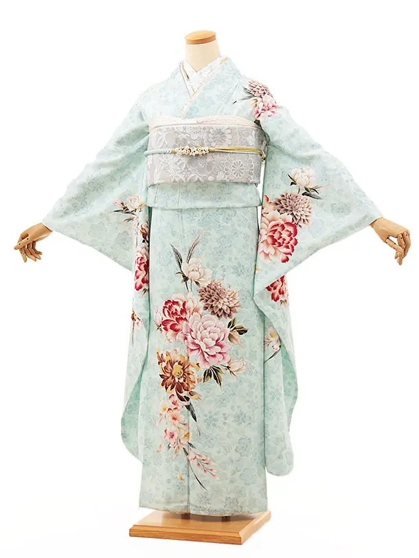 振袖レンタル249ブルー地桜流し | 着物レンタルの京都かしいしょう