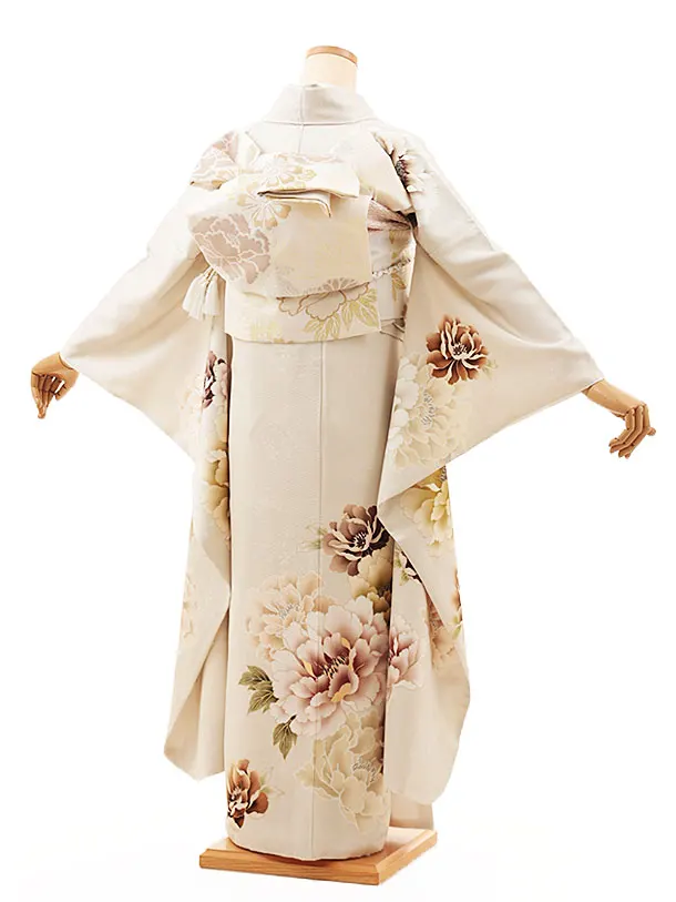 振袖レンタル1432 薄ベージュ地 牡丹 | 着物レンタルの京都かしいしょう