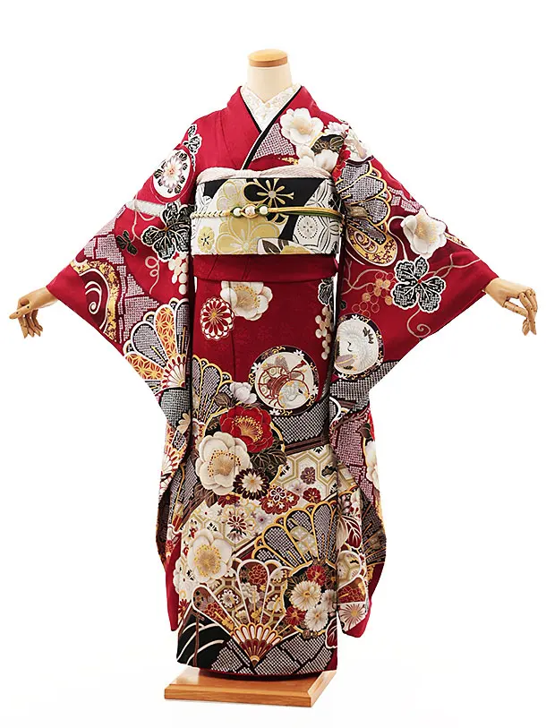 振袖レンタル1114 きもの道楽 赤地 椿白うさぎ(化繊) | 着物