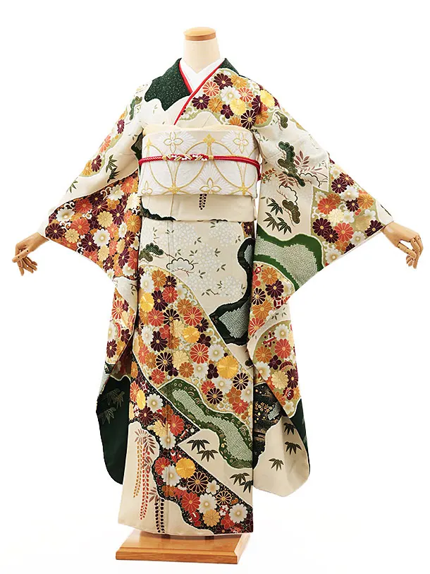 振袖レンタル1460　クリームグリーン菊づくし