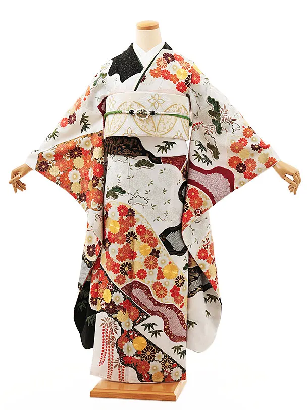 振袖レンタル1461　白黒 菊づくし