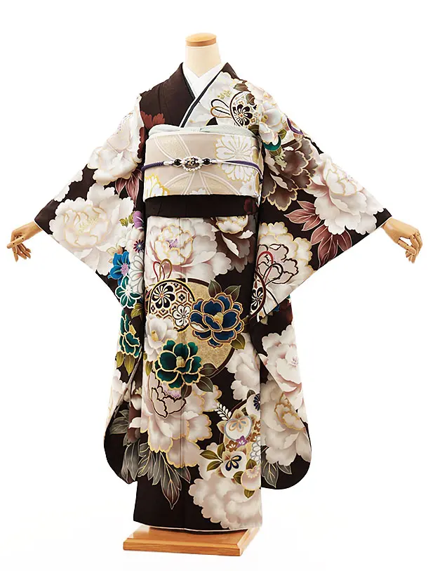 振袖レンタル1465　ダークブラウン 牡丹椿