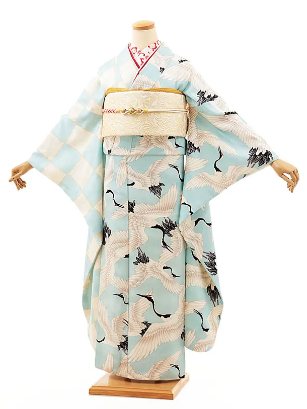 振袖レンタル1467　水色 市松 鶴