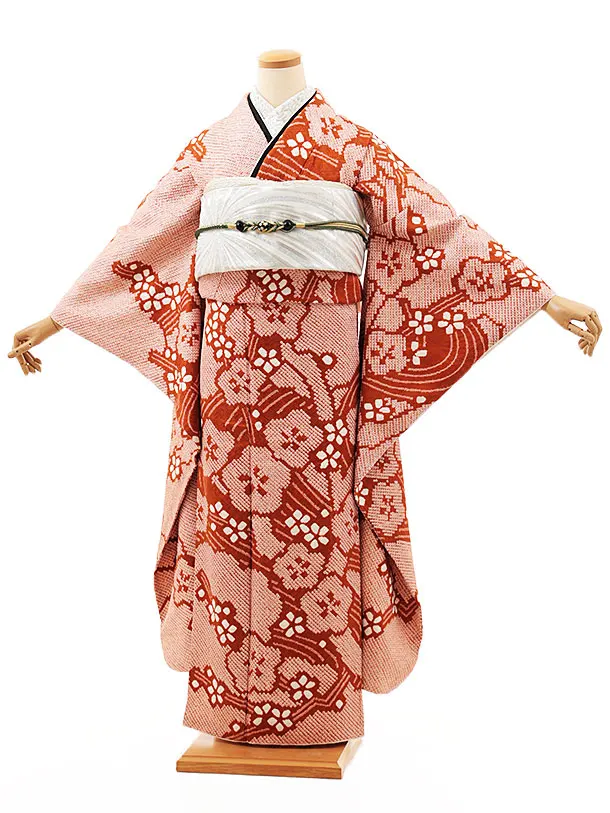 振袖レンタル1468　赤茶 絞り 流水 梅