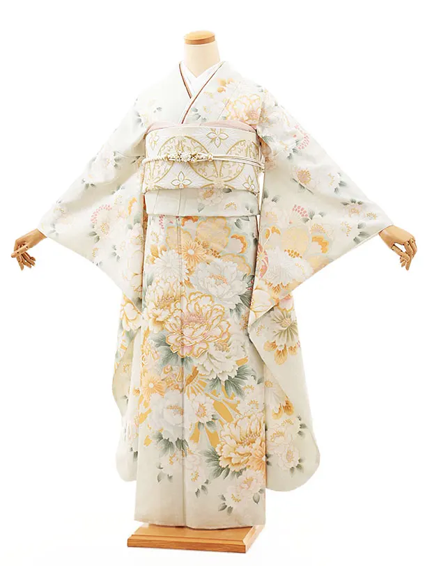 振袖レンタル1471　ヒワ色 八重桜に牡丹