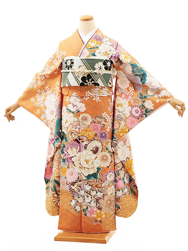 振袖レンタル1472　山吹色地 鼓に牡丹