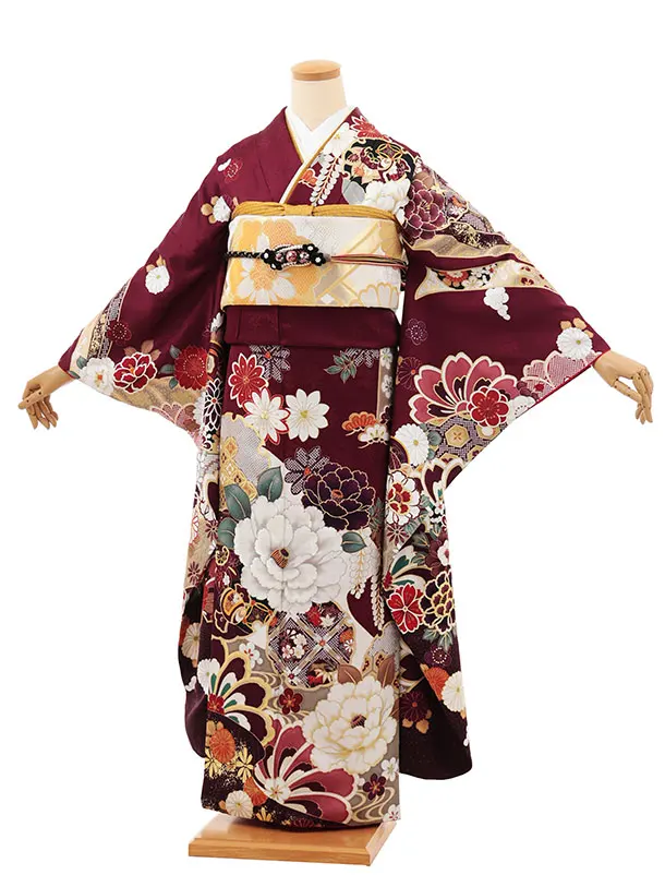 振袖レンタル1478 ボルドー地 熨斗雪輪 八重桜 | 商品詳細