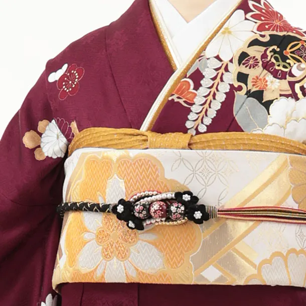 振袖レンタル1478 ボルドー地 熨斗雪輪 八重桜 | 着物レンタルの