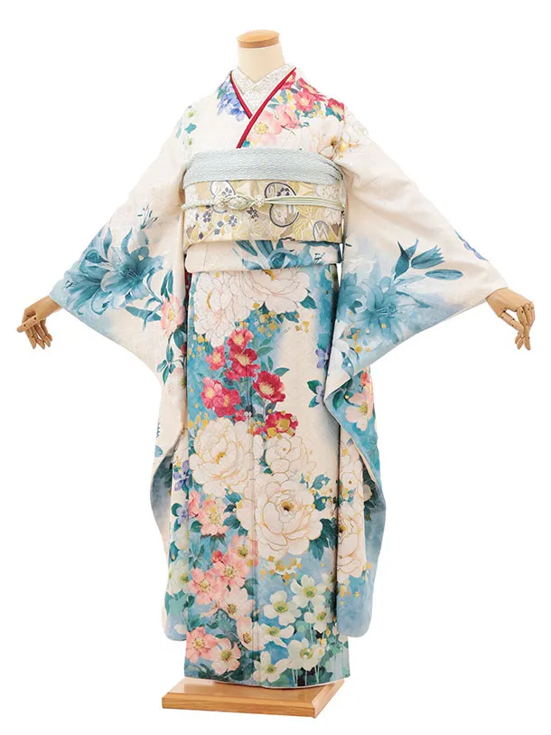 【こんちわ】振袖 振袖レンタル1311tall グレージュ地 桜 牡丹 鈴(ﾄｰﾙｻｲｽﾞ) | 着物