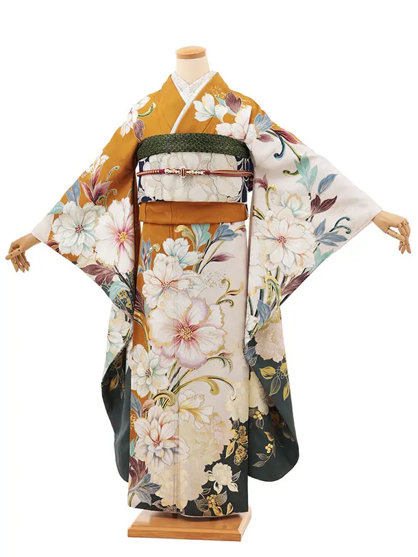 振袖レンタル1484 マスタードグレー 洋花