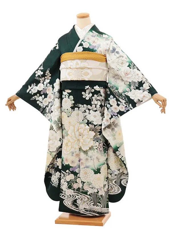 振袖レンタル1487 グリーン地 四季花
