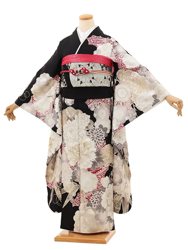 振袖レンタル1494 黒地 梅菊 牡丹