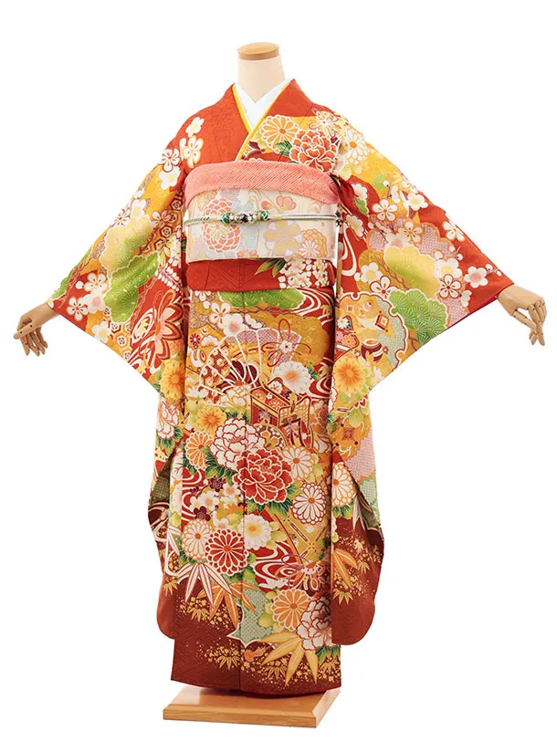 振袖レンタル1500 テラコッタ 御所車に花