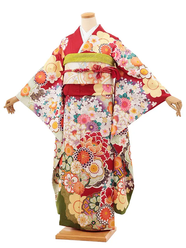 振袖レンタル1503 赤地 裾緑 花づくし