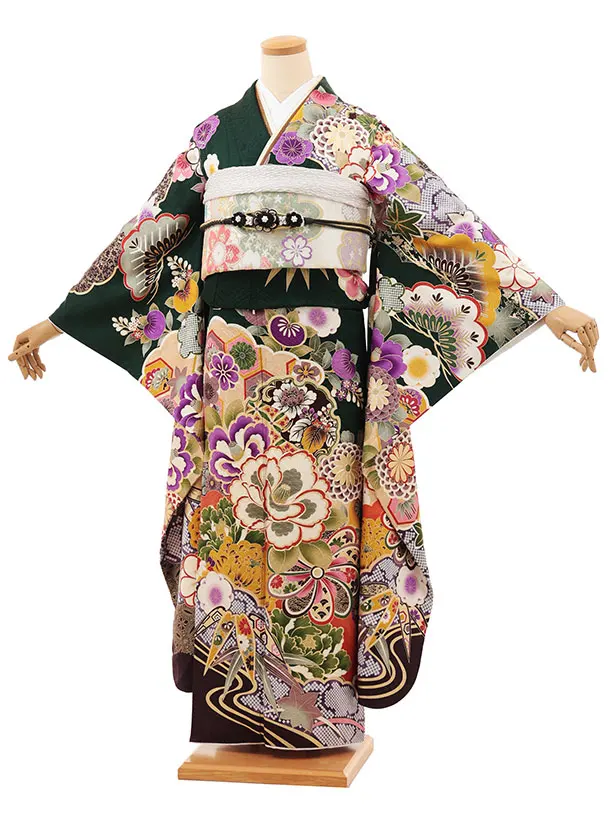 振袖レンタル1505 深緑地 雪輪に椿