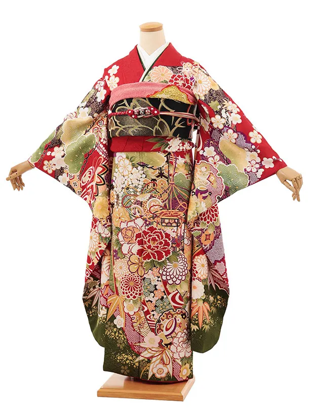 振袖レンタル1512 赤地 貝桶に鞠牡丹