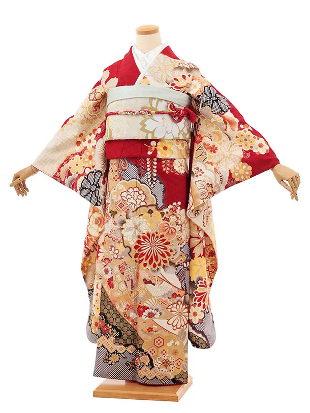 振袖レンタル1513 赤地 古典 菊