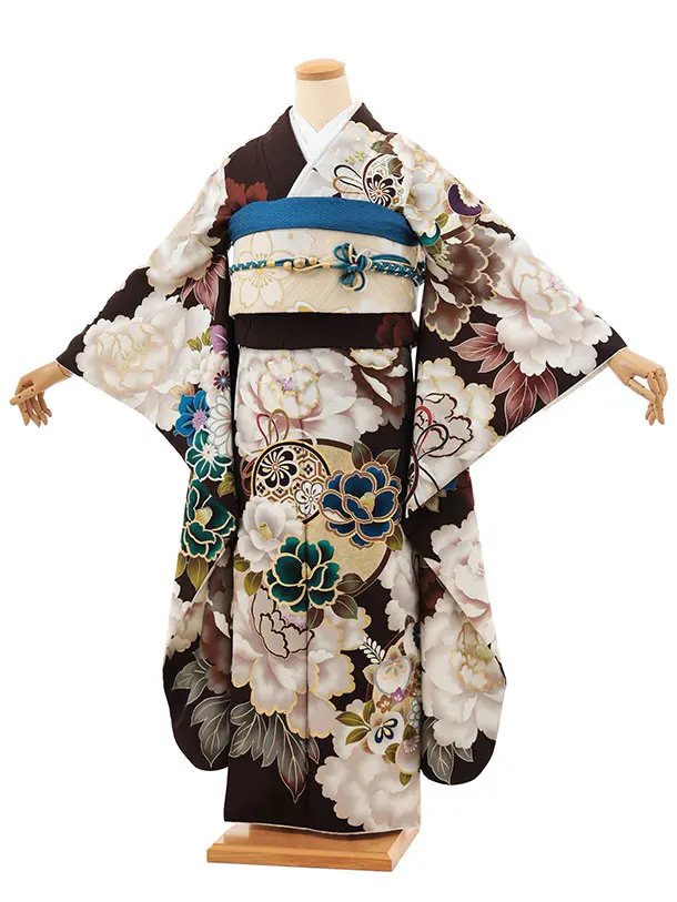 振袖レンタル1520 こげ茶 鞠に椿牡丹
