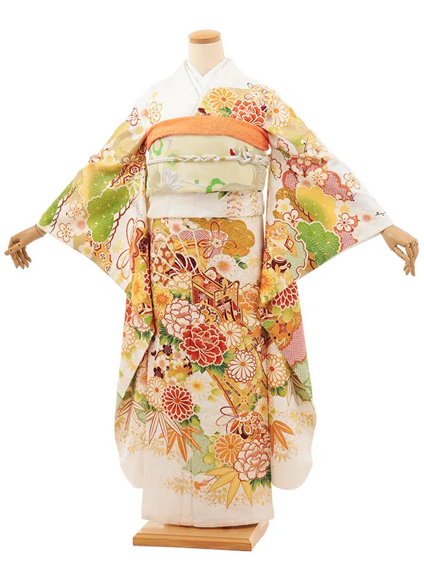 振袖レンタル1522 白地 御所車に花