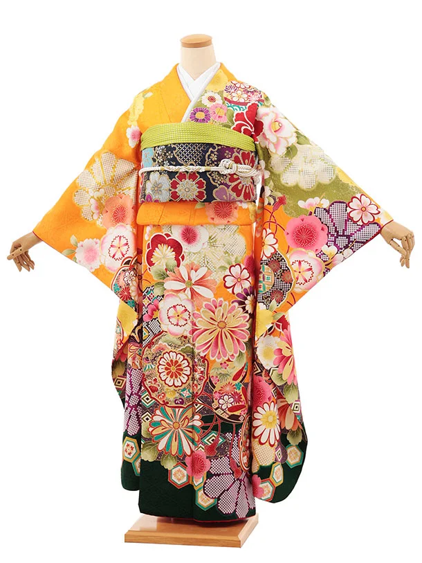 振袖レンタル1526 オレンジ裾グリーン 花づくし