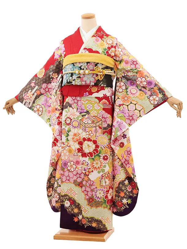 振袖レンタル1527 赤地 貝桶 花づくし