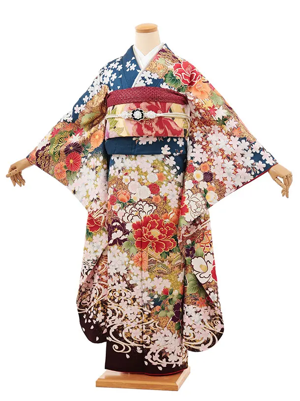 振袖レンタル1530 鉄紺色 牡丹花づくし