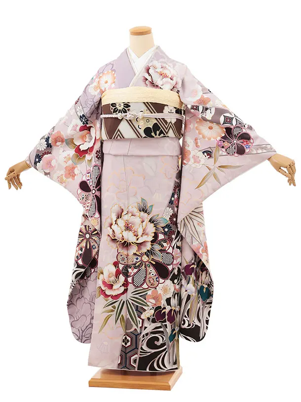 振袖レンタル1534 薄紫地 牡丹椿