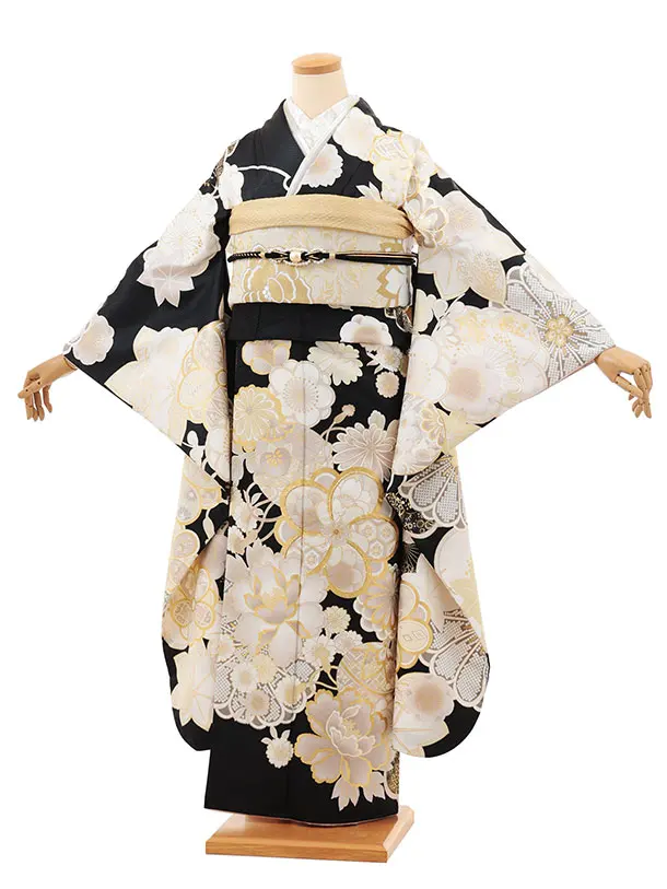 振袖レンタル1543 黒地 古典花