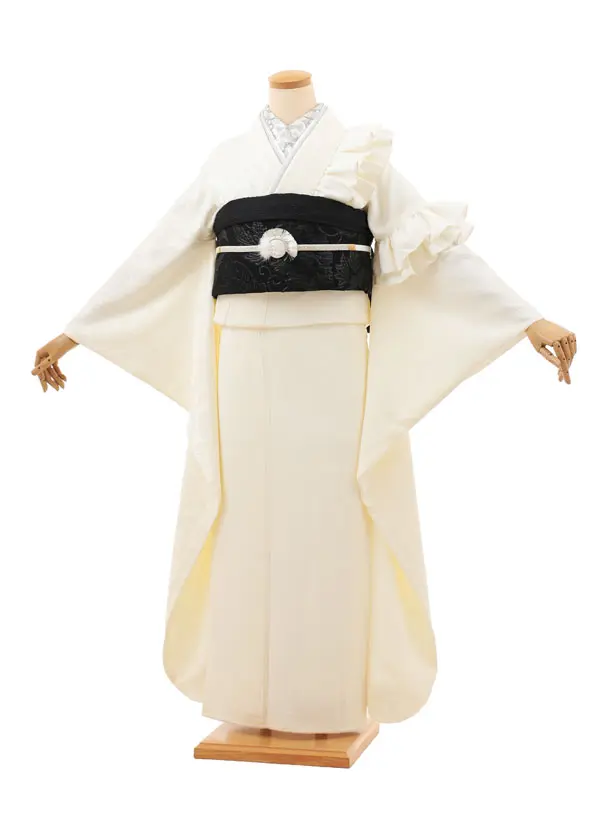 振袖レンタル1546　クリーム 片身替り フリル